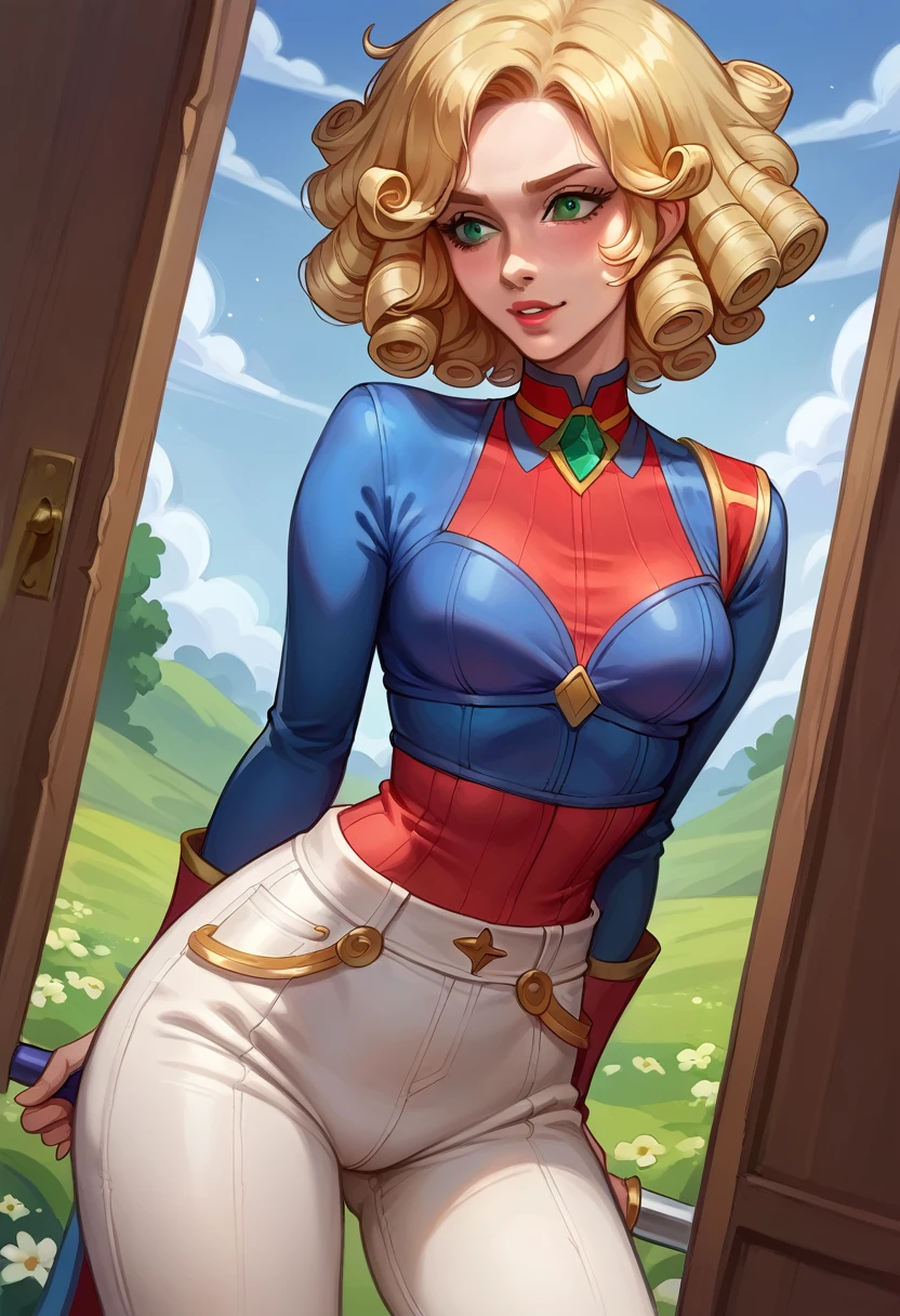 young woman, 20 years old, curly blonde hair cascading down her shoulders in tight ringlets, emerald green eyes shining brightly,  figure with a slender build and a thin waist, dressed in a tight white pants that hugged her curves and a red blouse that accentuated her small, pert breasts. The image exudes a high-quality, masterpiece finish with a stunning level of detail and realistic textures. The lighting is cinematic, illuminating her features in a soft, flattering glow. Her hair is intricately detailed, each curl rendered with care and precision. The red blouse clings to her body, revealing a hint of her midriff and the