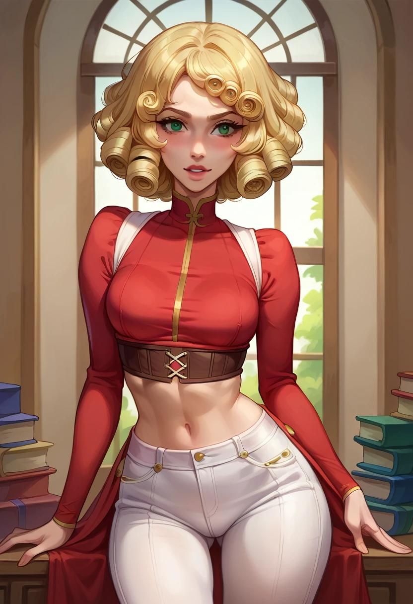 young woman, 20 years old, curly blonde hair cascading down her shoulders in tight ringlets, emerald green eyes shining brightly,  figure with a slender build and a thin waist, dressed in a tight white pants that hugged her curves and a red blouse that accentuated her small, pert breasts. The image exudes a high-quality, masterpiece finish with a stunning level of detail and realistic textures. The lighting is cinematic, illuminating her features in a soft, flattering glow. Her hair is intricately detailed, each curl rendered with care and precision. The red blouse clings to her body, revealing a hint of her midriff and the