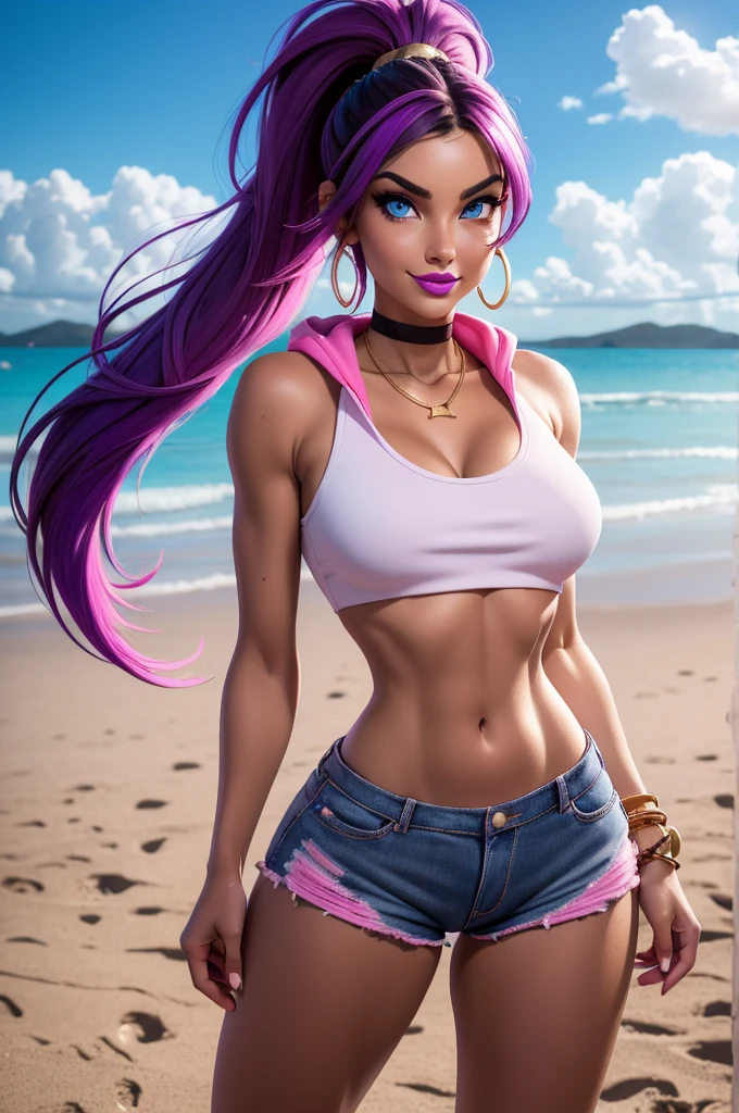 beautiful, 26 year old girl, slim body, (black hair [purple highlights]), blue eyes, pink lipstick, mascara, blush, beautiful eyebrows, white crop top hoodie, soft skin, gold necklace, ponytail, short shorts, smirk, on the beach, (full body shot), looking back at the viewer