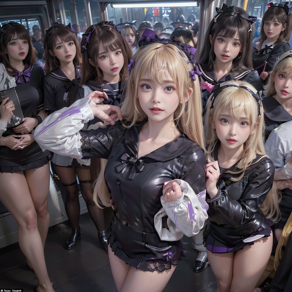 8K resolution, surreal, Super detailed, high quality, perfect anatomy, perfect proportion, masterpiece, nsfw++, 
((((((A group photo in crowded train at night, 6 girls, group photo)))))), 
(((((purple, black face mask, sailor collar, sailor uniform, Lace, mini skirt, bow ribbon))))), 
((((happy, grin, detailed face)))), 
((((blond hair, bleached hair)))), (((impossible breasts))),  
(((shiny oiled skin, detailed skin))), 
(((tight clothes, thigh, bare legs))), looking at viewer