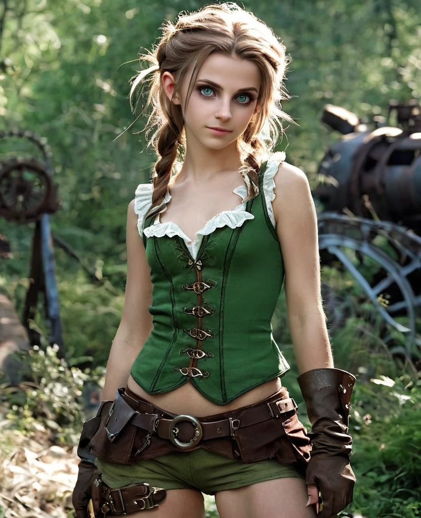 cute elf, (teenage elf  with extremely cute eyes)), (((elf))), ((((high resolution))), (((extremely detailed))), ((masterpiece)), looks like Aerith Gainsborough, dramatic shadows, depth of field, analog photo style, (world in which are collide steampunk and postapocalyptic vibes), postapocalyptic cute female in steampunk aesthetic, torn dirty clothes, depth of field, full body shot, unzoomed, (perfect body: 1.4), (sidecut short hairstyle), (stalking is quite common, although not the best way to make a living), stylized atmosphere of unreality, dark atmosphere, dynamic pose, in motion, Armageddon, increase cinematic lighting, highly lifelike skin texture, parted lips, weary eyes, fine eyes, whitened skin, random hair colour, doomsday aura