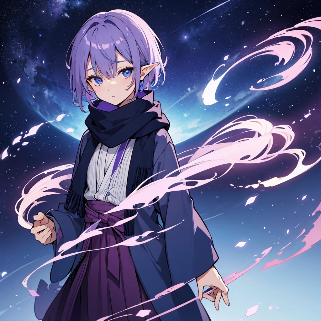 ((High image quality))、elvish、 male people、Purple Shorthair、Eyes like the night sky、beautiful dark blue eyes、Calm personality、was wearing a scarf、Be alone、