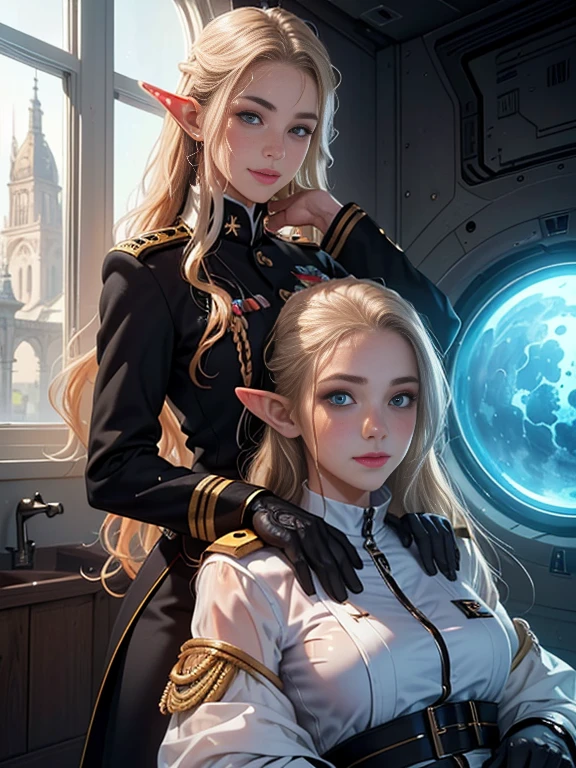 masterpiece, Highest quality, Highly detailed CG Unity 8k wallpaper,((A very beautiful 16-year-old Scandinavian girl, whole body)), ((Private room inside the spaceship)), Elegant long wavy blonde hair, ((Self-illuminating skin)), ((A revealing black-on-white military uniform, Geometric Circlet)), ((Long pointed ears)), ((Lie on your back, With legs apart)), (Sweaty and wet white skin), (blush), , (Captivating smile), (Perfectly symmetrical and cute face), (Detailed beautiful eyes), Key Art, intricate detail realism hdr, Photorealism, Hyperrealism, Ultra-realistic, Dramatic Light, Strong Shadows, Nice views, Depth of written boundary