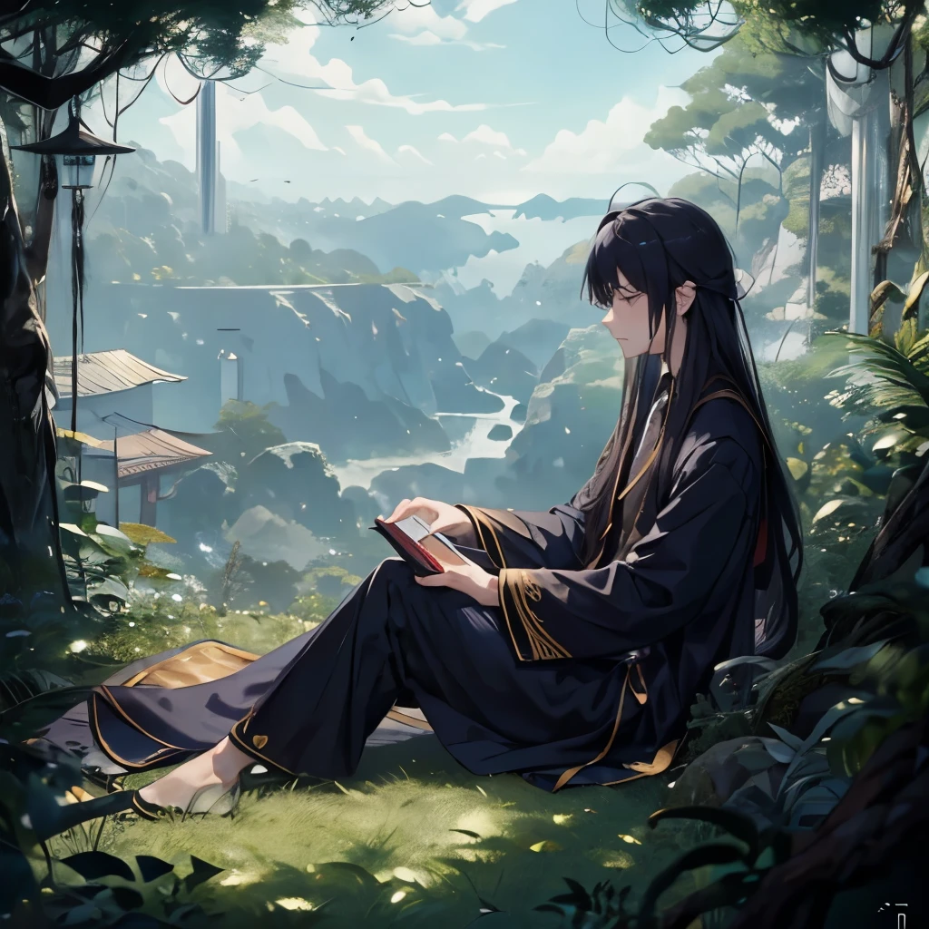 Taoist priest，peaceful，Young men，think，Navy blue robe，trousers，Long gown，Slanted collar，长发Young men，Half tied hair，Meditation，Sit cross-legged，landscape，Young men正在欣赏landscape，Profile