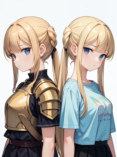 masterpiece,best quality,ultra detailed, two women, blonde, ponytailed, twins, identical faces, one wearing beautiful armor, one...