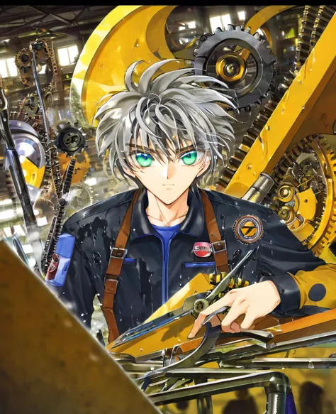 "Create an anime-style close-up artwork of a young boy mechanic with detailed, high-quality eyes. He has messy, oily hair and we...