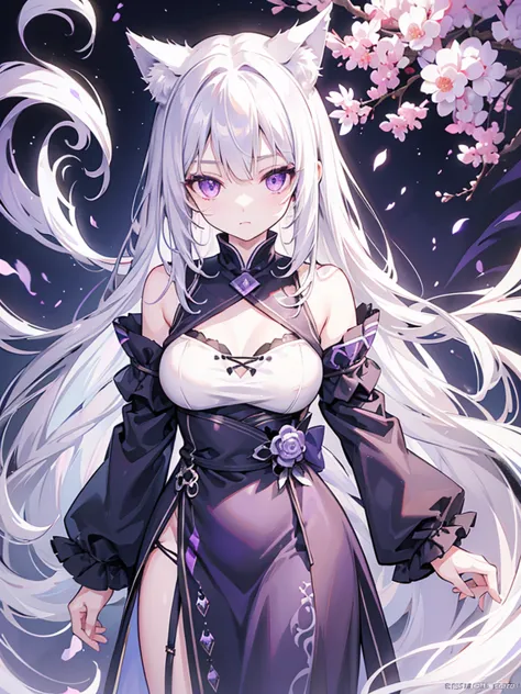 A wolf girl with waist-length white hair and purple eyes.、Long silver hair、slender、Beautiful breasts