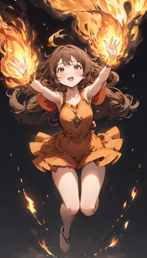 Beautiful anime woman with brown hair floating in the air、Summon the Fire. Full body image