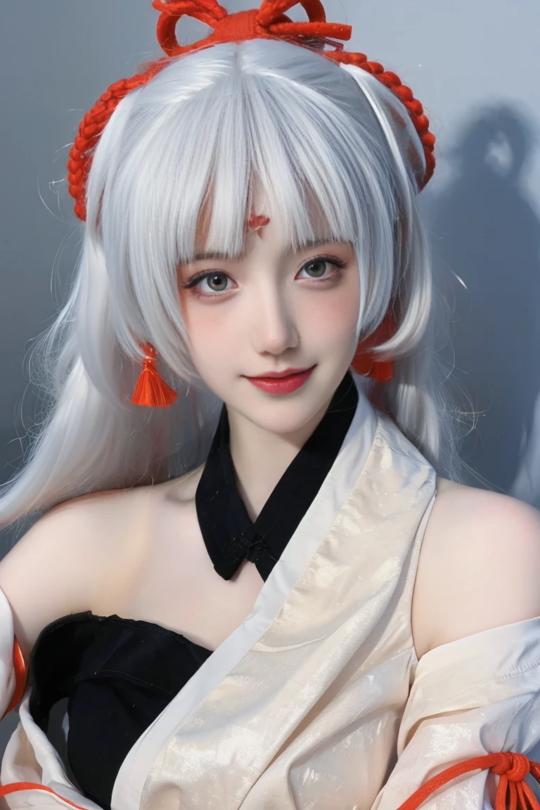 best quality, tmasterpiece,Ultra-high resolution,Clear face,（Reality：1.4），ferpect lighting，upper body photo), (photorealistic:1.50), anime wallpaper, Guviz style artwork, cover-up fantasy up to magic , by Yang J, Guviz, beautiful artwork illustration, beautiful digital artwork, beautiful digital illustration, Li Song, beautiful anime portrait, art style in Beauvot, 1girl,独奏, white hair, hair ornament,  long hair, twintails, Double good, bangs, jewelry, Earring, blue eyes, Double eyelids, Blush, Cheeks flushed, smile, kimono, white dress, ribbon, shiranui,