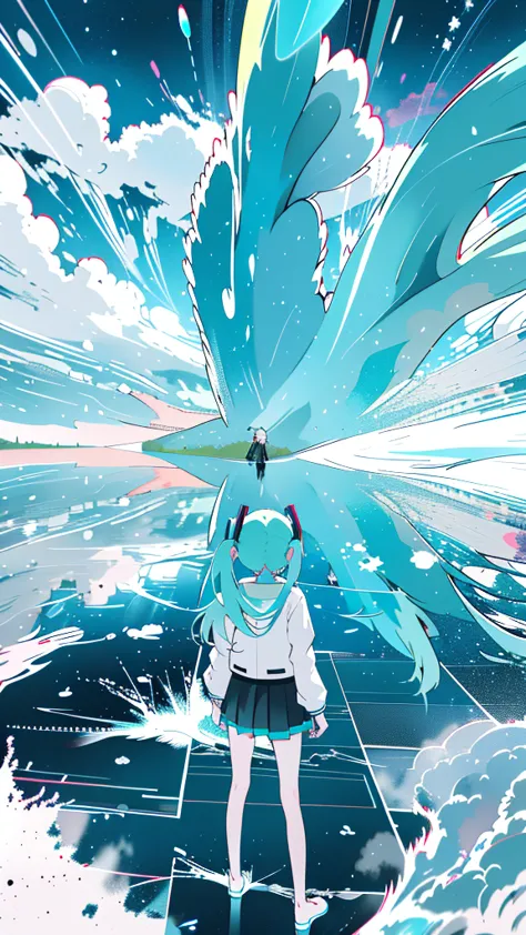 hatsune miku, twintail very long hair, neon eyes, The wind is blowing, ((central)), ((Wide Shot)), face to face