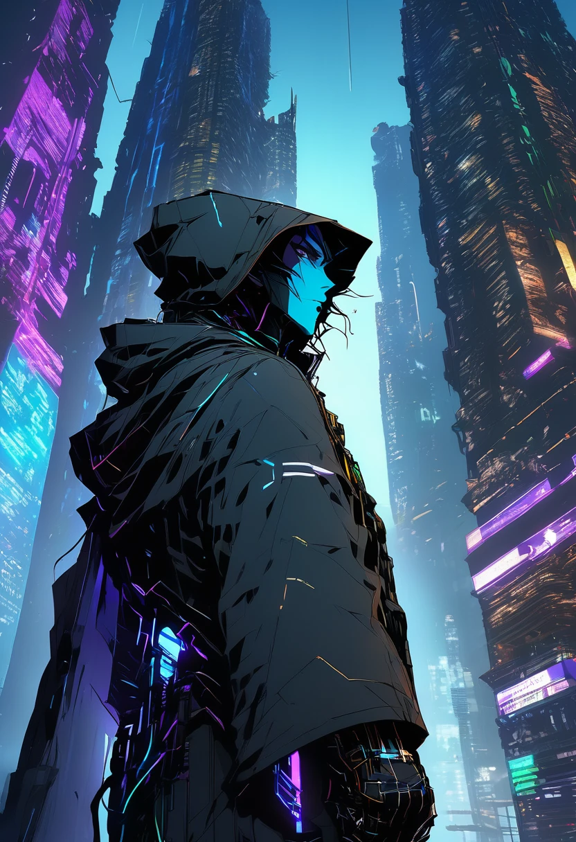 Wide and far shot, ((Man in futuristic hooded suit, Back to camera:1.5)), Standing on a shelf, View of the futuristic city at night, Dark cityscape with bright lights (Highest quality, 4K, 8K , High resolution, masterpiece: 1.2), Super detailed (Realist, photoRealist, photoRealist: 1.37), Cinema Lighting, Dramatic Shadows, Gloomy atmosphere, Intricate details, Bright city lights, Advanced Technology, Retro-futuristic architecture, Dynamic pose, Hood casting a shadow on the face, Intense expression