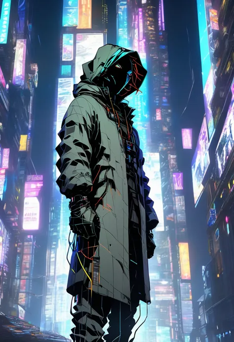 Wide and far shot, ((Man in futuristic hooded suit, Back to camera:1.5)), Standing on a shelf, View of the futuristic city at ni...