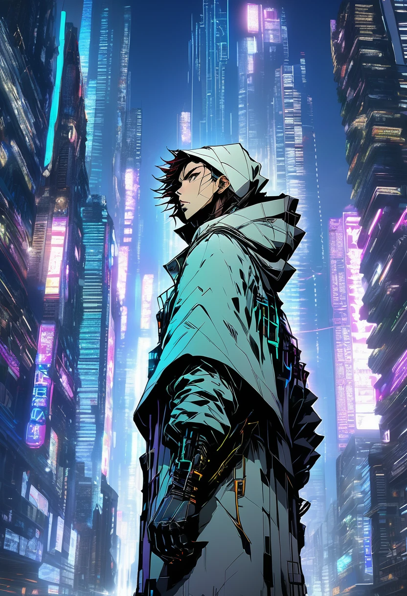 Wide and far shot, ((Man in futuristic hooded suit, Back to camera:1.5)), Standing on a shelf, View of the futuristic city at night, Dark cityscape with bright lights (Highest quality, 4K, 8K , High resolution, masterpiece: 1.2), Super detailed (Realist, photoRealist, photoRealist: 1.37), Cinema Lighting, Dramatic Shadows, Gloomy atmosphere, Intricate details, Bright city lights, Advanced Technology, Retro-futuristic architecture, Dynamic pose, Hood casting a shadow on the face, Intense expression