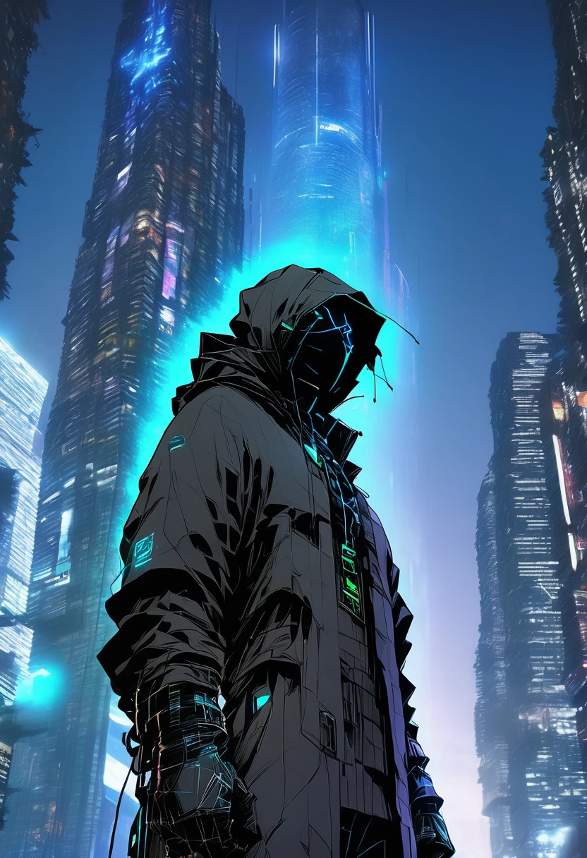 Wide and far shot, ((Man in futuristic hooded suit, Back to camera:1.5)), Standing on a shelf, View of the futuristic city at night, Dark cityscape with bright lights (Highest quality, 4K, 8K , High resolution, masterpiece: 1.2), Super detailed (Realist, photoRealist, photoRealist: 1.37), Cinema Lighting, Dramatic Shadows, Gloomy atmosphere, Intricate details, Bright city lights, Advanced Technology, Retro-futuristic architecture, Dynamic pose, Hood casting a shadow on the face, Intense expression