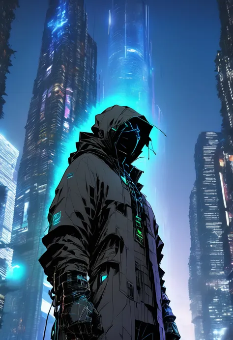 Wide and far shot, ((Man in futuristic hooded suit, Back to camera:1.5)), Standing on a shelf, View of the futuristic city at ni...