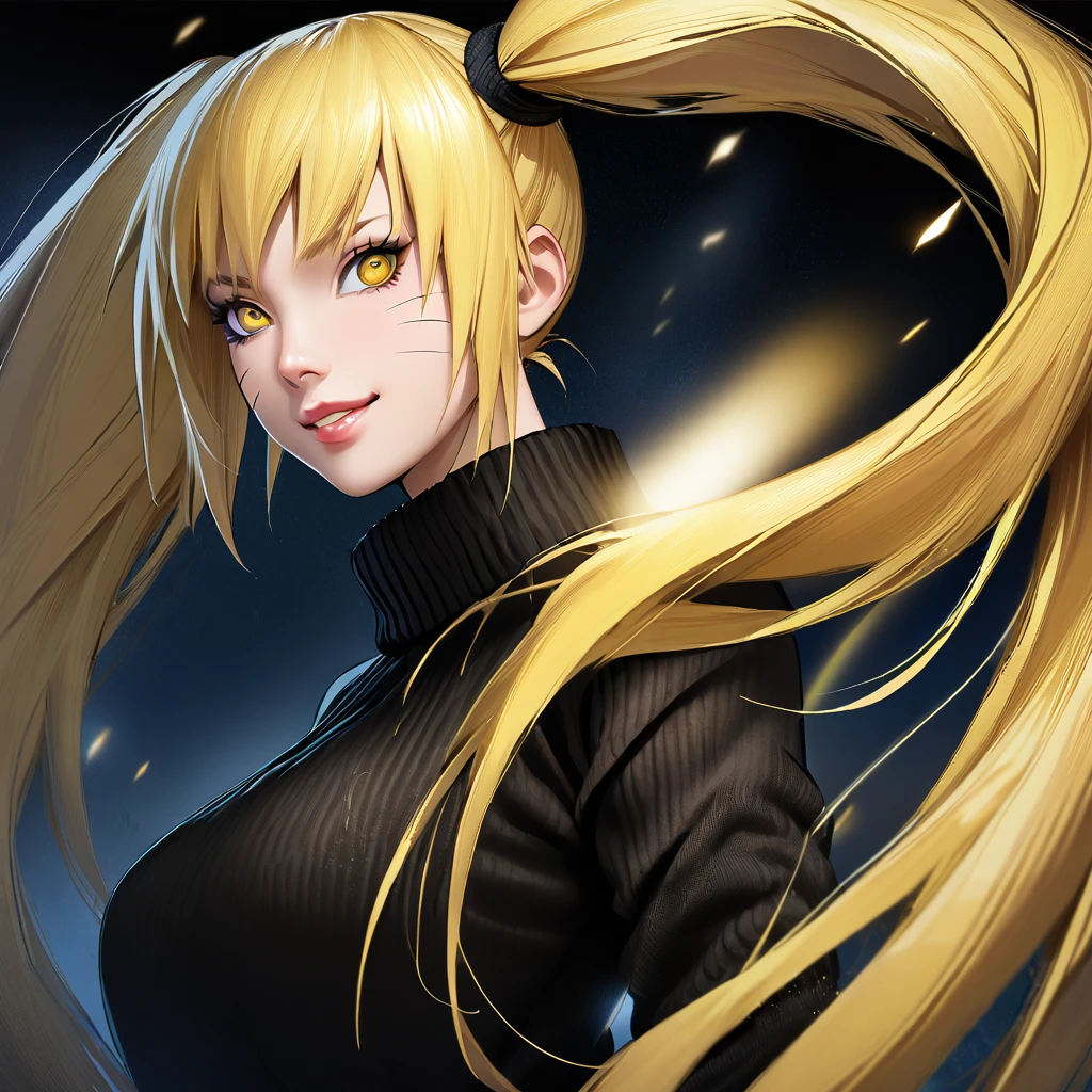 1fille, Naruto féminin , Naruto version féminine, seulement, très long_cheveux, (( double queue)) jaune yeux, ((très long jaune_cheveux)), Vue nocturne, seins, supérieur_corps, sourire, jaune_yeux, lèvres, (jaune cheveux)  porter un pull de couleur noire, sein, "very detailed and Haute résolution" (jaune yeux)  ((seulement)) ((Haute résolution)) (bonne qualité),((vue de face))