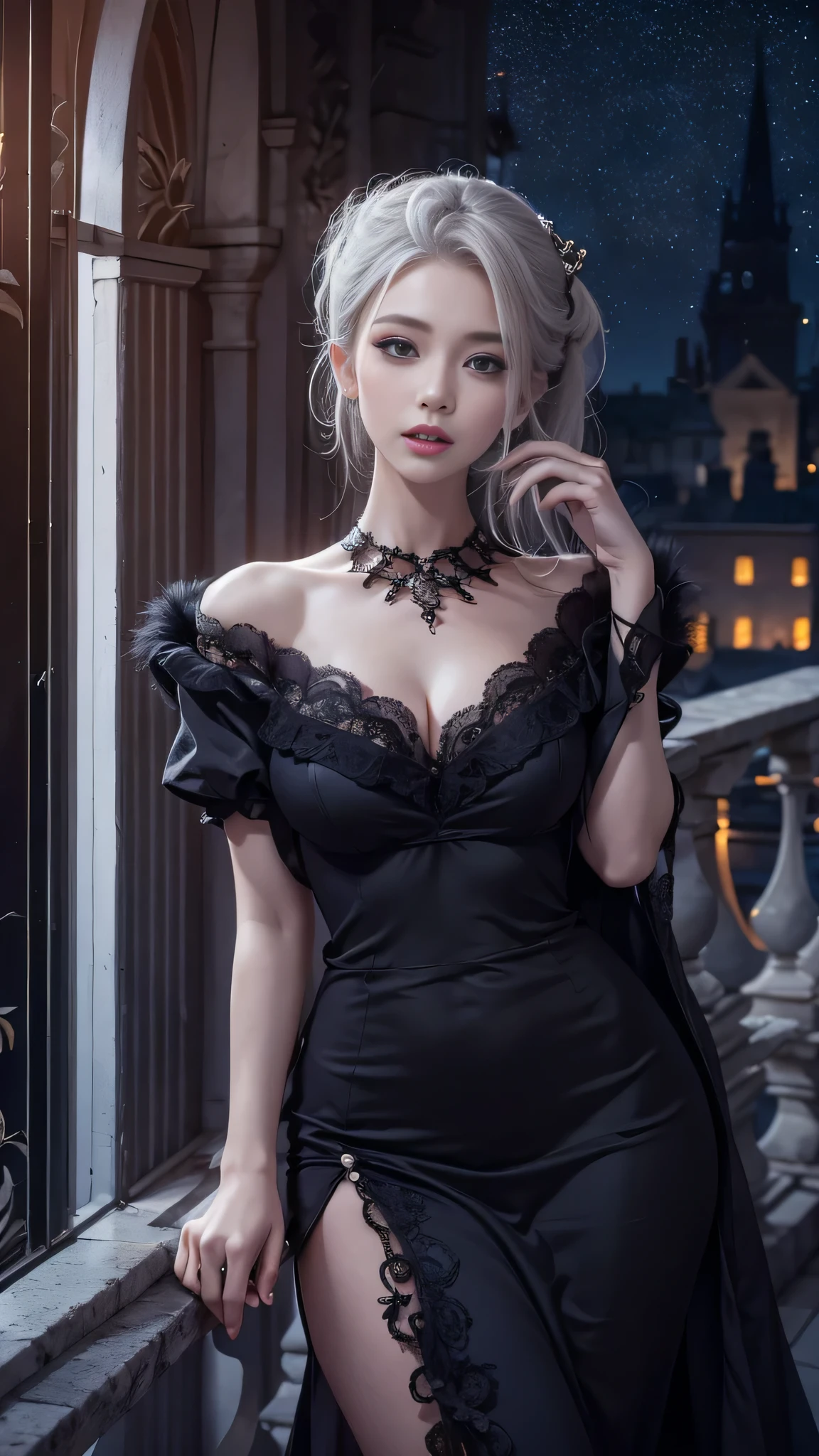 (Woman standing on balcony of palace)Portrait photo of a girl, Photorealistic, High resolution, 1 Women, Solo, waist-up, Beautiful eyes, Close lips, Detailed face, White hair, Long hair, (off shoulder black lace long dress) ,(There is a slit up to the waist.),Fur coat, Stockings,(night sky full of stars)