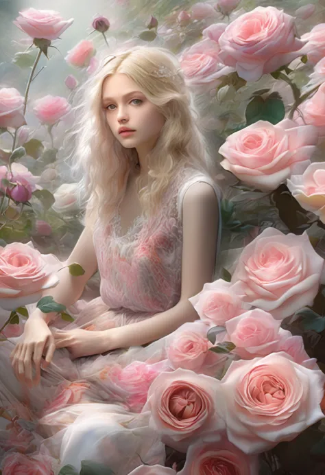 8K, Neo Art、Beautiful young woman like Avril in a garden of pale pink roses、(Very fractal art skin: 1.2) 、Style: Petal Break Sho...