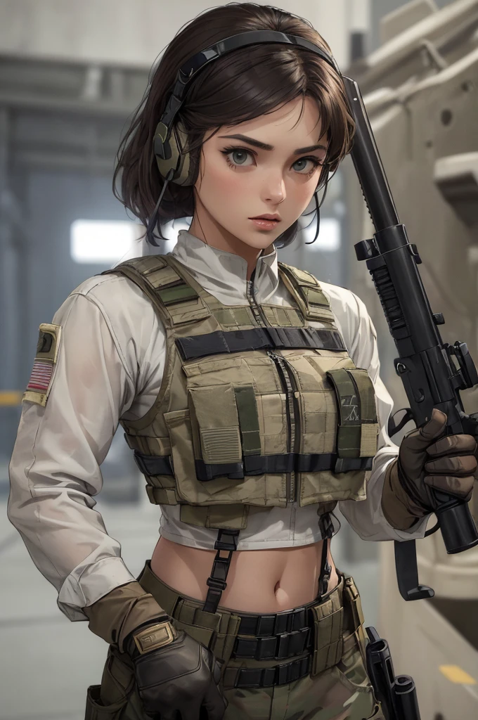 ((eine Frau in einem weißen Outfit, die ein Gewehr hält und Kopfhörer trägt)), 2 Frau, Philippinische Frau, tan bronze skin, Soldat Mädchen, mechanized Soldat Mädchen, Militärmädchen, schöne Soldatin, weibliche Hauptfigur, infanterie mädchen, von einem Scharfschützenmädchen im Krieg, weibliche Solofigur, zukünftige Kampfausrüstung, Nahaufnahme eines halben Körpers, ((Frauen in bauchfreien, kugelsicheren Militärwesten)), (zeigt Nabel), leise von Metal Gear Solid V, Tragen taktischer Ausrüstung, in taktischer Rüstung gekleidet, (Zielgewehr)