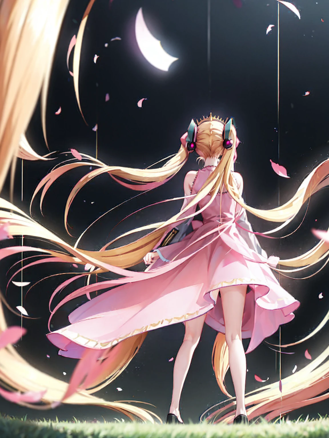 Hatsune Miku has blonde hair in vertical curls and wears a pink princess-like dress.。noble