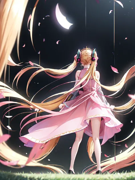 hatsune miku has blonde hair in vertical curls and wears a pink princess-like dress.。noble