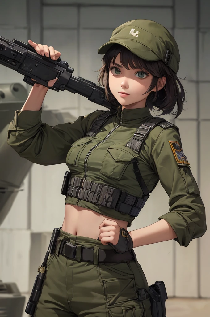 Mulher vestindo top de cultura à prova de balas militar , calça cargo verde militar, cinto, Boné militar, tático, (abra o umbigo), ((Aponte a arma do futuro))