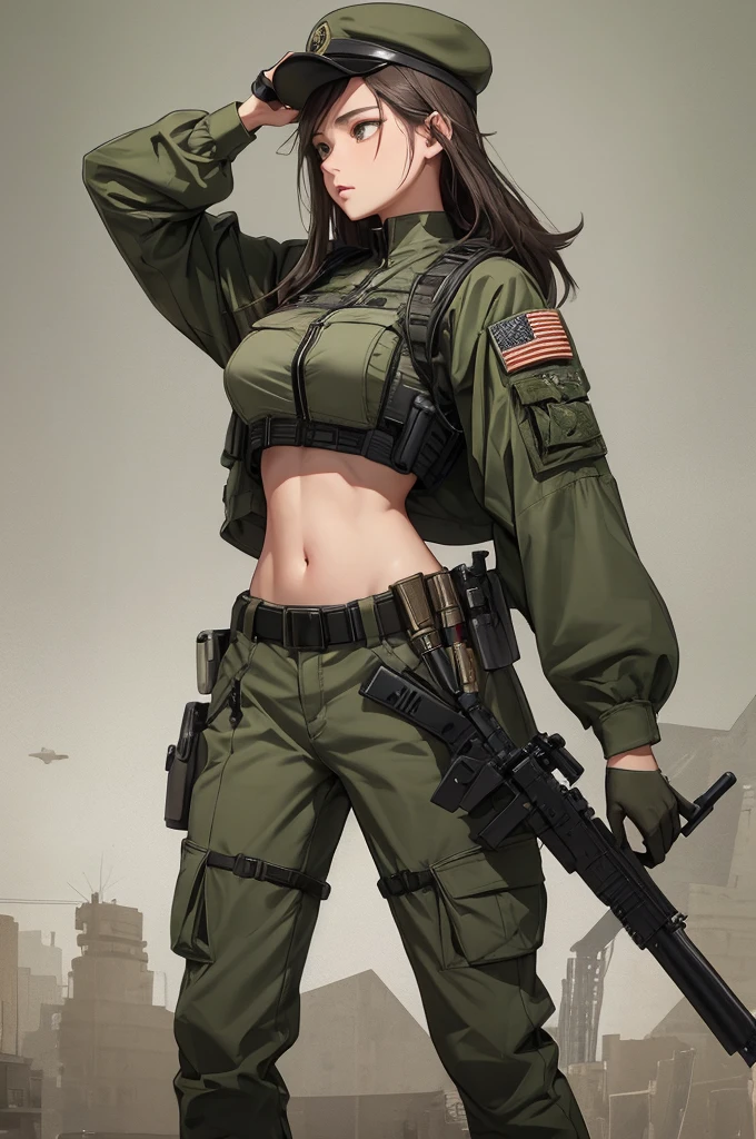 Woman wearing military bulletproof crop top , Army green cargo pants, belt, Military Cap, tactical, (Open the navel), ((Aim the gun of the future))