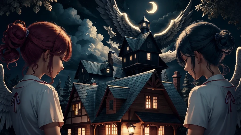 CREATE A NIGHT SCENARIO, WITH SEVERAL ANGELS PROTECTING A HOUSE.