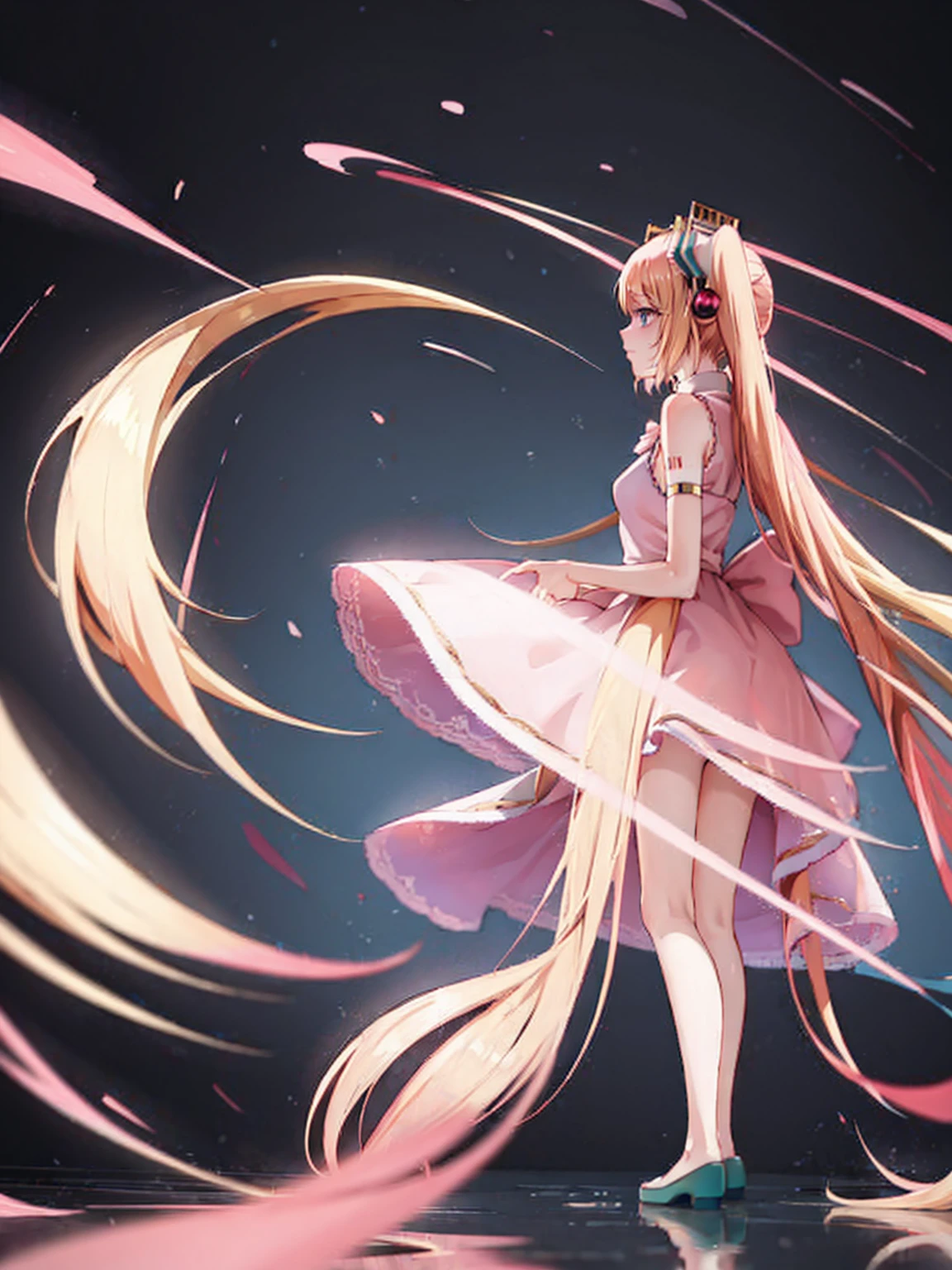 Hatsune Miku tiene el pelo rubio con rizos verticales y lleva un vestido rosa de princesa..。noble