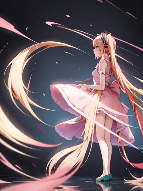 Hatsune Miku has blonde hair in vertical curls and wears a pink princess-like dress.。noble