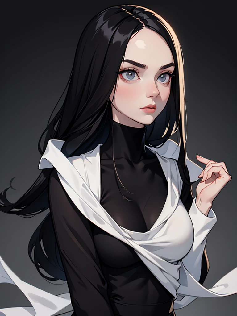 (best quality), 1girl, female, pale skin, (black hair), long hair, straight hair, grey eyes, perfect eyes, slender, tall, turtleneck sweater, stylish, elegant, serious, normal bust, masterpiece, anatomically correct, highres
