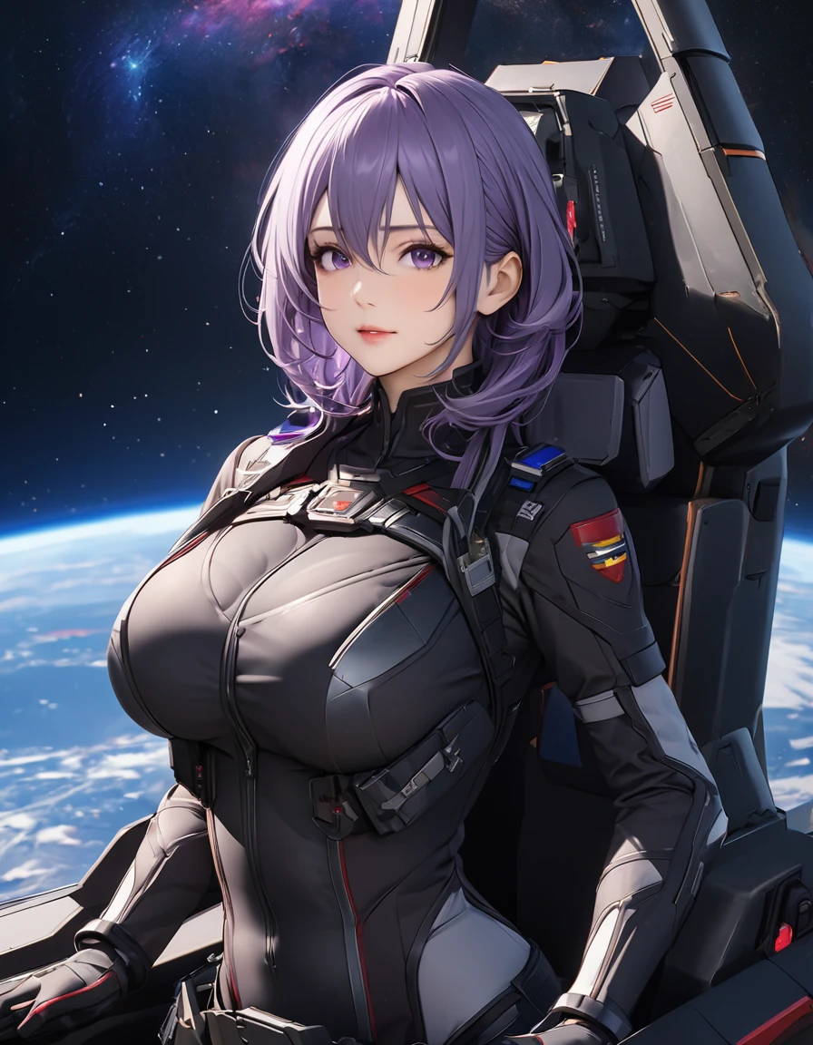 Beautiful mature woman,(High resolution,8k wallpaper,masterpiece,Highest quality,Depth of region,Anatomically accurate depiction),((女性universe飛行士:1.5)),(universe服),(Purple eyes,Large Breasts,),background:universe,(爆発するuniverse船,ビームを打つuniverse船,laser,universe艦隊),cockpit,(((universe戦争)))