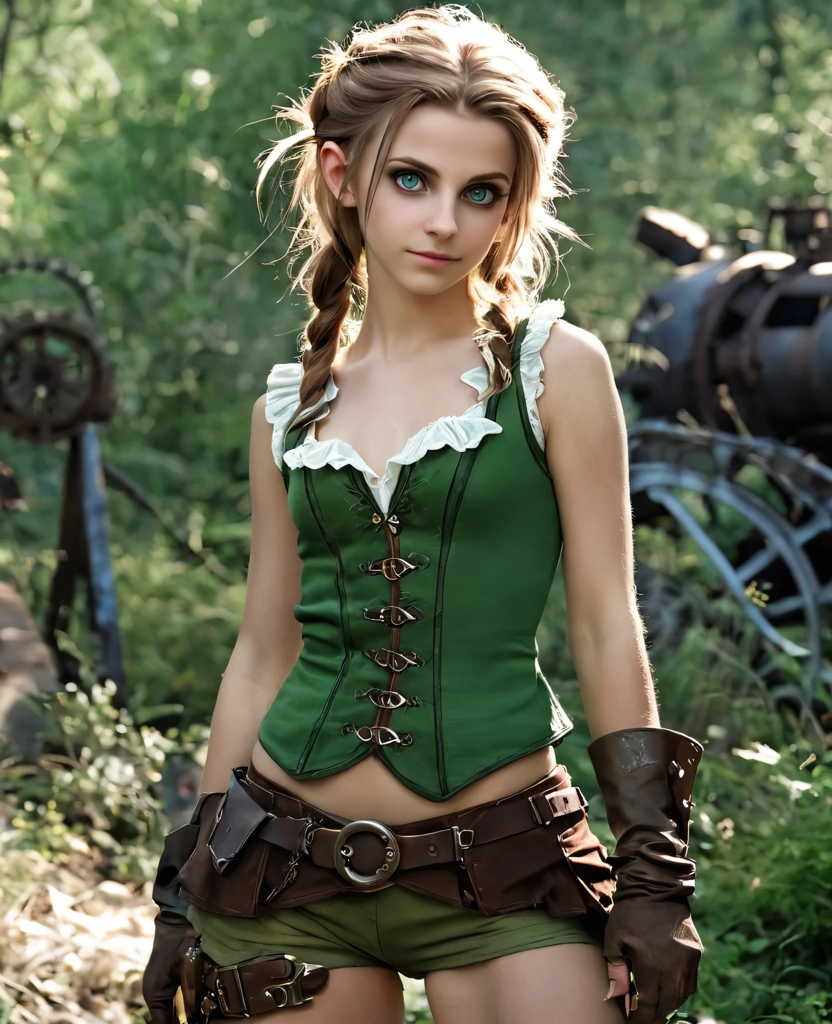 cute elf, (teenage elf  with extremely cute eyes)), (((elf))), ((((high resolution))), (((extremely detailed))), ((masterpiece)), looks like Aerith Gainsborough, dramatic shadows, depth of field, analog photo style, (world in which are collide steampunk and postapocalyptic vibes), postapocalyptic cute female in steampunk aesthetic, torn dirty clothes, depth of field, full body shot, unzoomed, (perfect body: 1.4), (sidecut short hairstyle), (stalking is quite common, although not the best way to make a living), stylized atmosphere of unreality, dark atmosphere, dynamic pose, in motion, Armageddon, increase cinematic lighting, highly lifelike skin texture, parted lips, weary eyes, fine eyes, whitened skin, random hair colour, doomsday aura