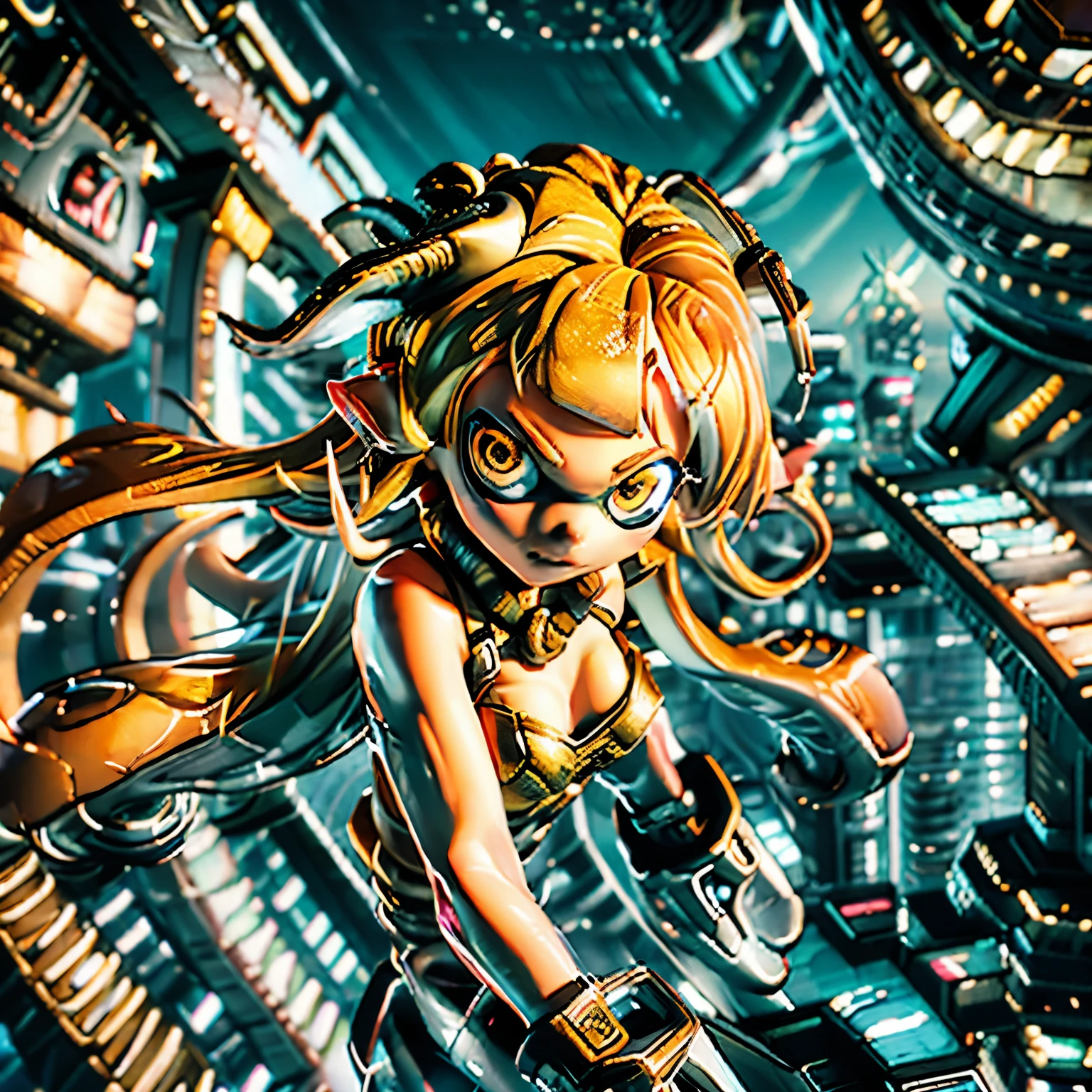 (Super detailed, masterpiece:1.2), Highly detailed artwork, Highest quality, High resolution, Surreal:1.37, Attractive Splatoon Girl, Golden Eyes、Golden burning eyes、flaming eye、Golden tails of light from the eyes、Big Breasts、Cleavage、A breathtaking leap, Cityscape in the background、Real Anime、3d