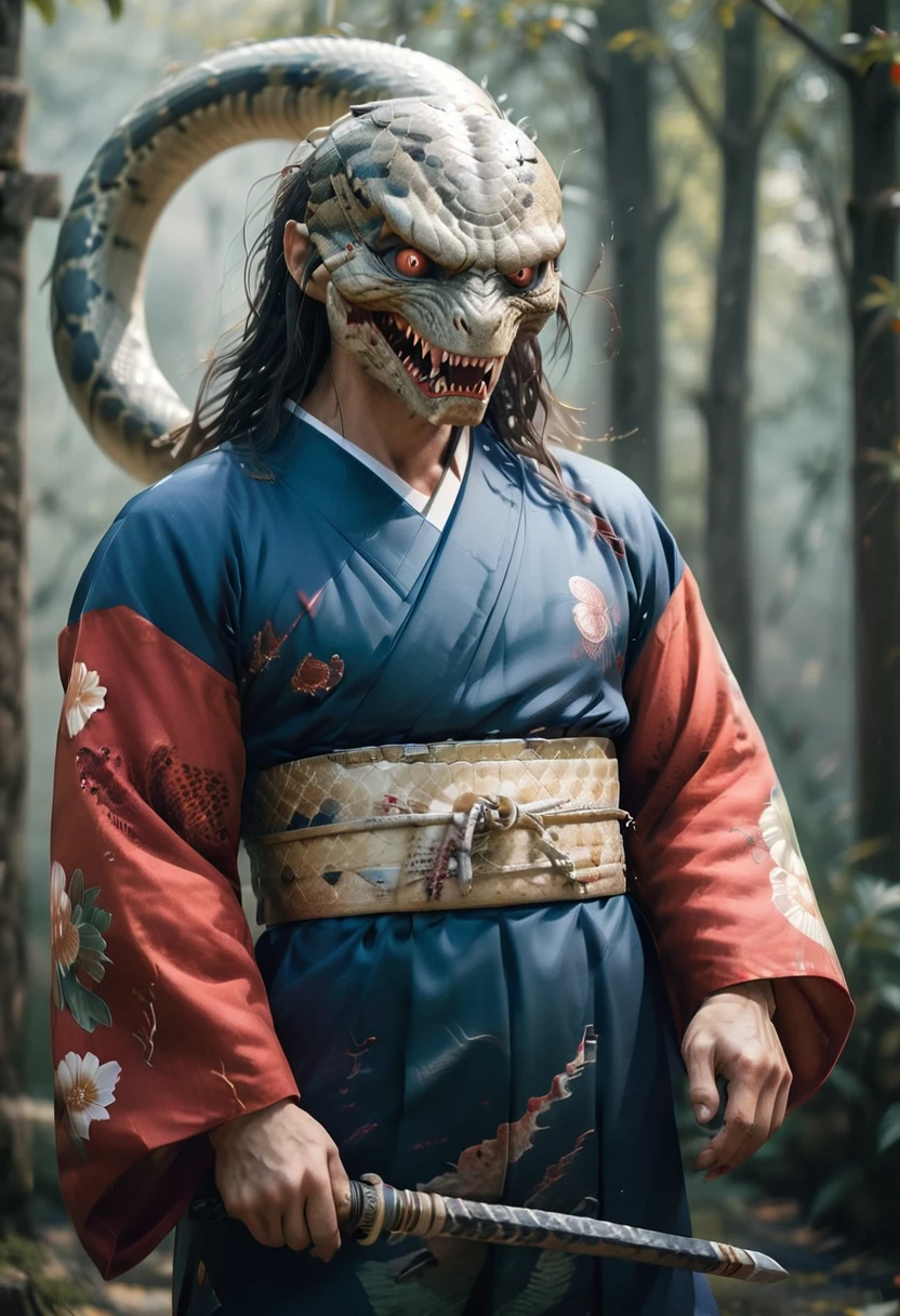 monstre humanoïde malsain. Son bas du corps est celui d&#39;un serpent et son haut de son corps est celui d&#39;un homme.. Il a un visage déformé. Sa bouche est pleine de dents pointues, il a un sourire sadique et cruel. Il est borgne, son seul oeil est rouge, et à la place de son œil gauche, il y a un trou plein d&#39;insectes. Il a les cheveux longs au combat. Il porte un kimono déchiré, et il tient une lance. [monstre] [horreur] [effrayant] [Mi-serpent mi-humain] [Sourire sadique] [dents pointues] [borgne] [Kimono déchiré]
