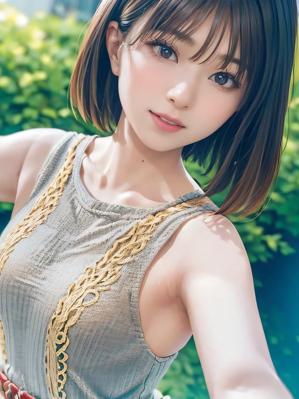 1girl, woman, 25 years old woman, girl in summer clothes, beautiful, medium breasts, flirtatious look, ((very detailed)), photorealistic image, high res, looking at viewer:1.8, (1girl eyes looking at viewer:1.55), Plain costumes, Simple Background, Emphasis on the chest, Hands behind the body, White outfit, whole body, Raise your arms and show your armpits, show your armpits, hands behind head, waki, photorealistic, (bokeh), best quality, 8k, UHD