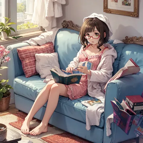 barefoot、after bath、towel on head、nfsw、miku、girl reading a book on the sofa、interested々、glasses、nightwear