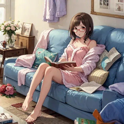 barefoot、after bath、towel on head、nfsw、miku、girl reading a book on the sofa、interested々、glasses、nightwear