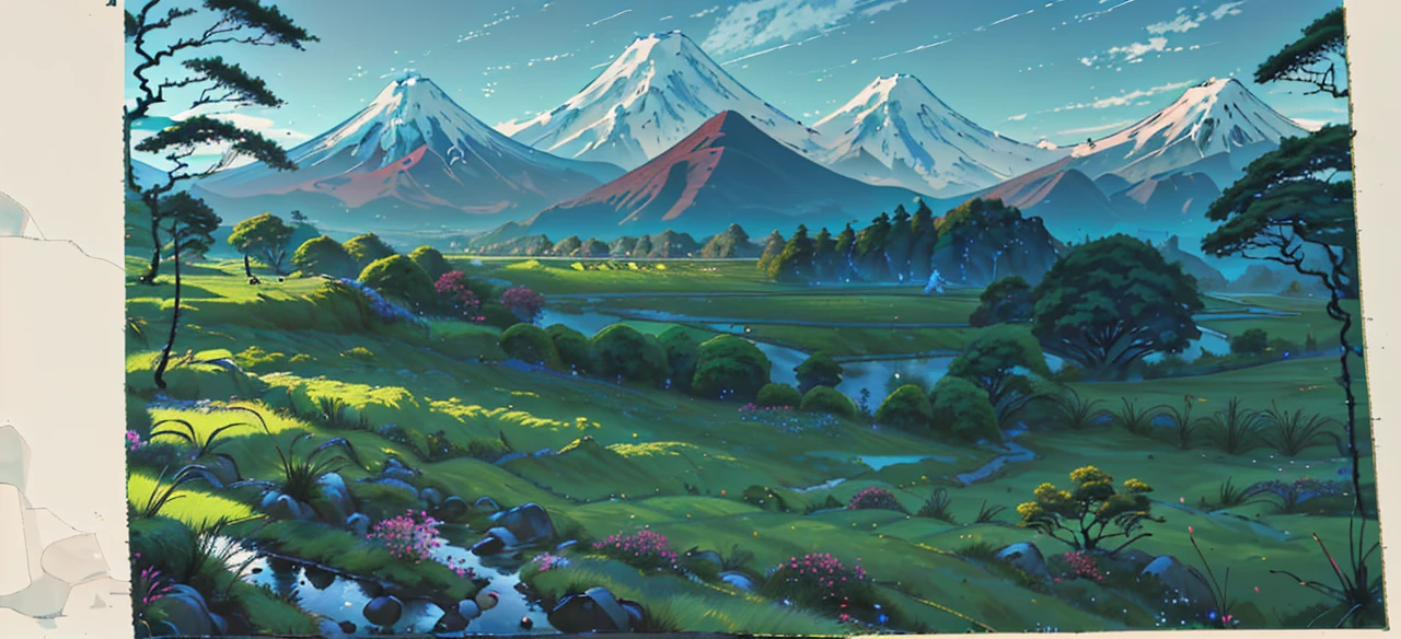 Um vale japonês se desenrola com o Monte Fuji ao fundo. Ao lado da grama vibrante, uma estrada estreita serpenteia, acompanhada pela presença de árvores altas, realçando a beleza serena da paisagem.