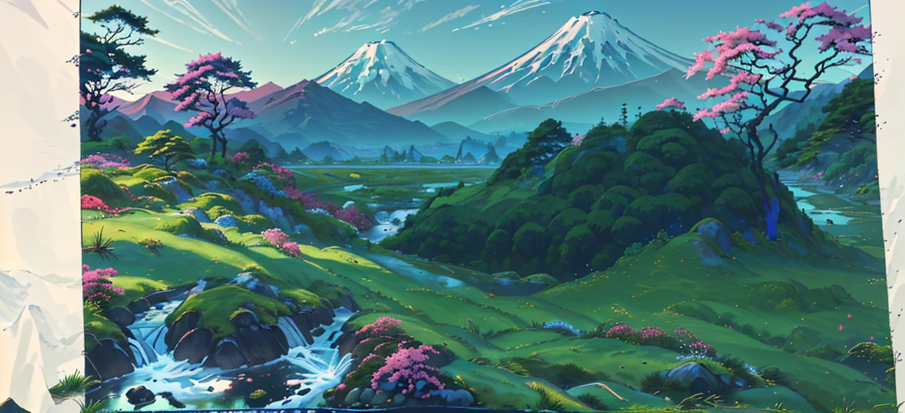 A Japanese valley unfolds with Mount Fuji in the background. Alongside vibrant grass, a slender road meanders, accompanied by the presence of tall trees, enhancing the serene beauty of the landscape.