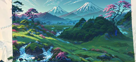 A Japanese valley unfolds with Mount Fuji in the background. Alongside vibrant grass, a slender road meanders, accompanied by th...