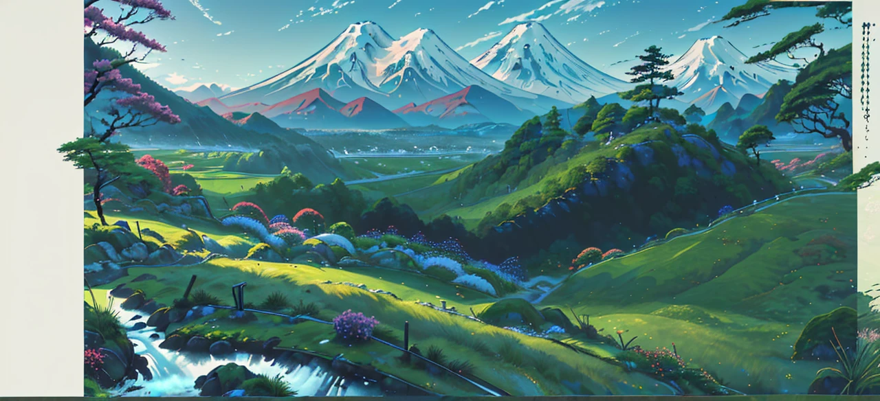 A Japanese valley unfolds with Mount Fuji in the background. Alongside vibrant grass, a slender road meanders, accompanied by the presence of tall trees, enhancing the serene beauty of the landscape.