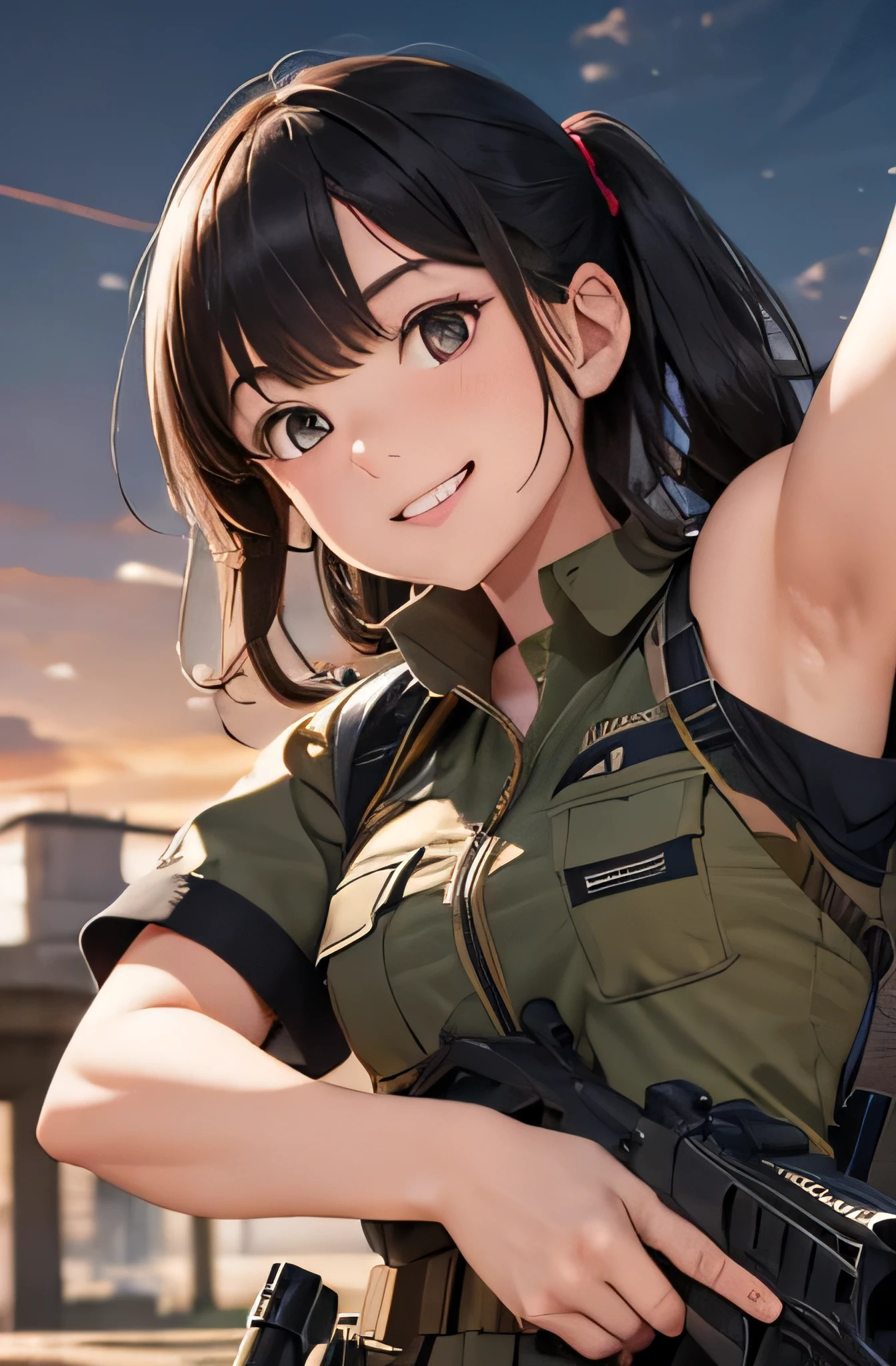 Girl in combat uniform,summer,Short sleeve,Ready your gun?,smile,8K, Highest quality, masterpiece