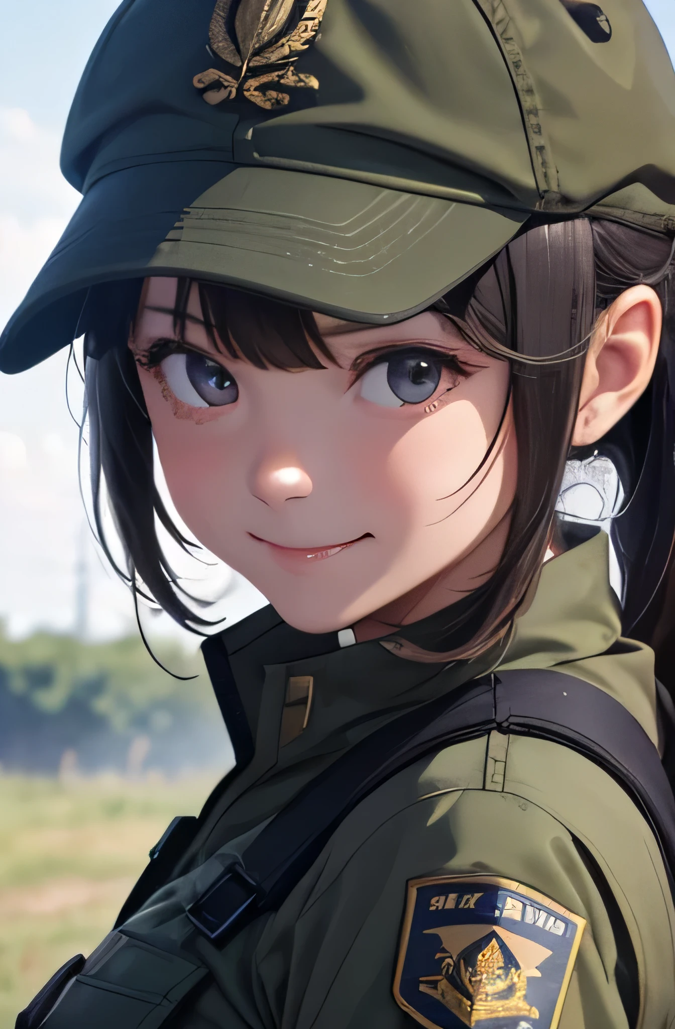 Girl in combat uniform,summer,Short sleeve,Ready your gun?,smile,8K, Highest quality, masterpiece