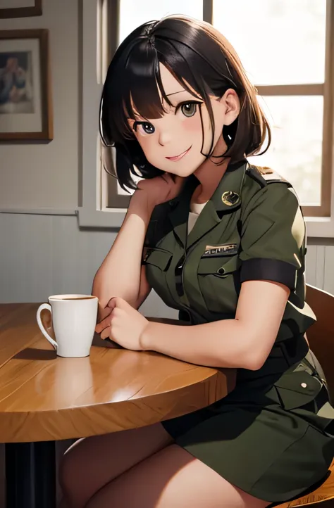 girl in combat uniform,summer,short sleeve,smile,round table,sit down,drink coffee,8k, highest quality, masterpiece