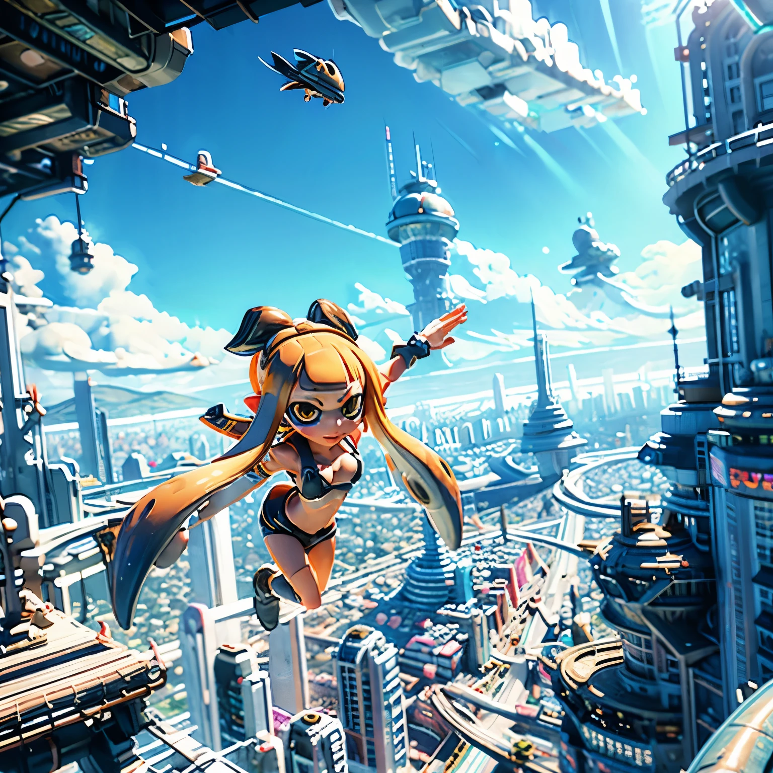 (Super detailed, masterpiece:1.2), Highly detailed artwork, Highest quality, High resolution, Surreal:1.37, Attractive Splatoon Girl, A slightly thinner face、Golden Eyes、Golden tentacle hair、Big Breasts、Cleavage、A breathtaking leap, Cityscape in the background、Real Anime、3d