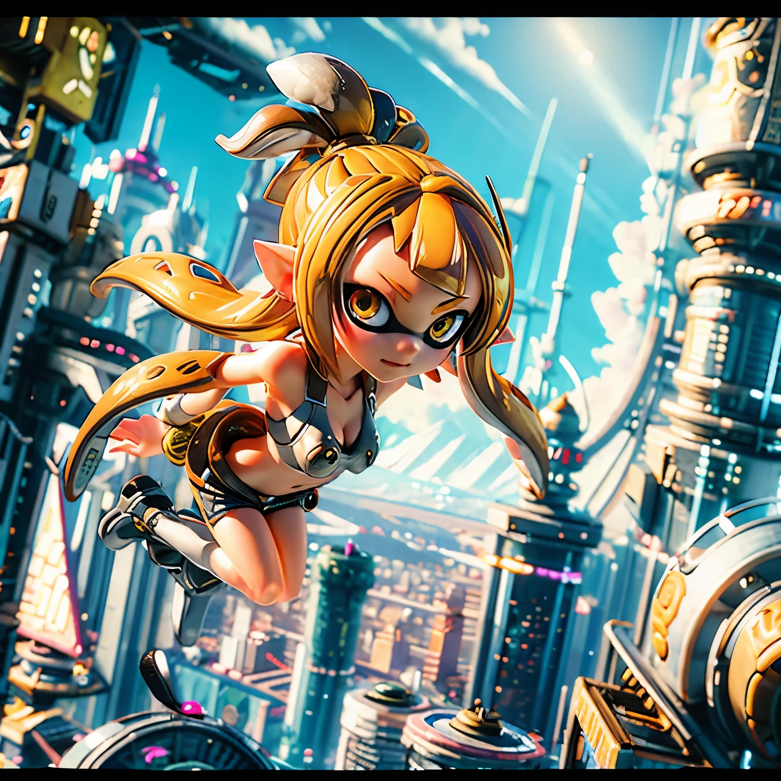 (Super detailed, masterpiece:1.2), Highly detailed artwork, Highest quality, High resolution, Surreal:1.37, Attractive Splatoon Girl, A slightly thinner face、Golden Eyes、Golden tentacle hair、Big Breasts、Cleavage、A breathtaking leap, Cityscape in the background、Real Anime、3d