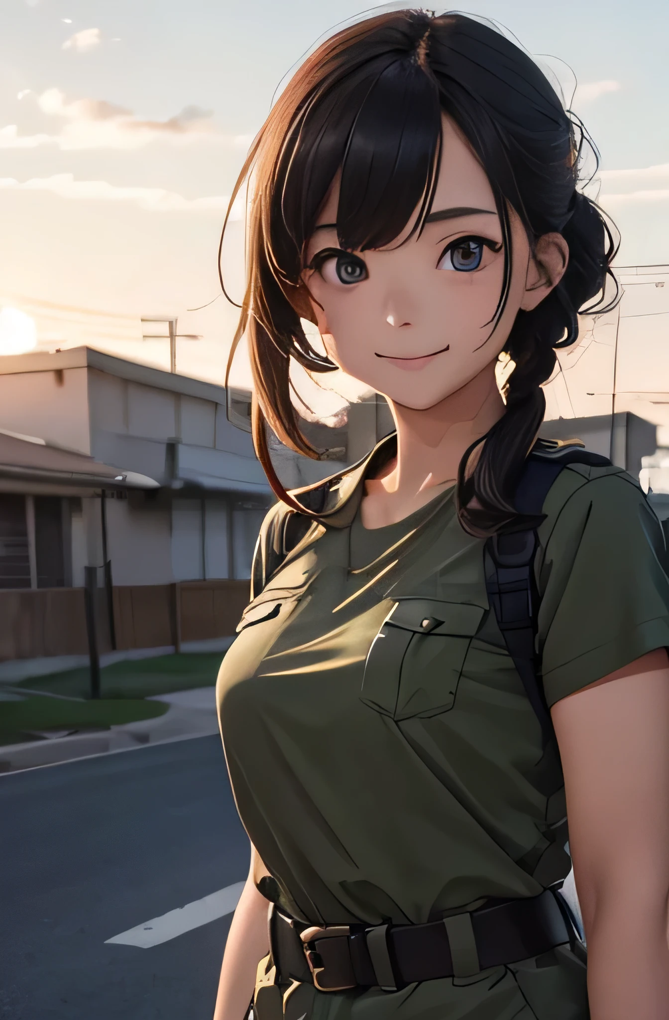 Girl in combat uniform,summer,Short sleeve,Drive a convertible,smile,8K, Highest quality, masterpiece