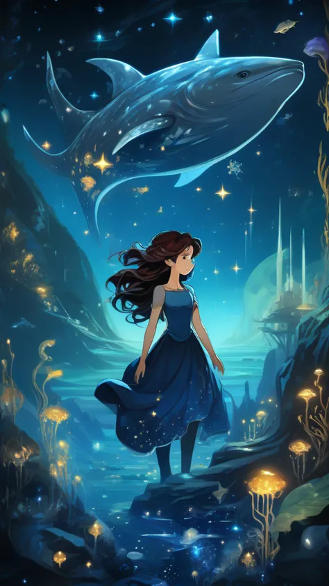 (1girl:1.3),arien_faitytale,fantastic world,undersea starry sky,