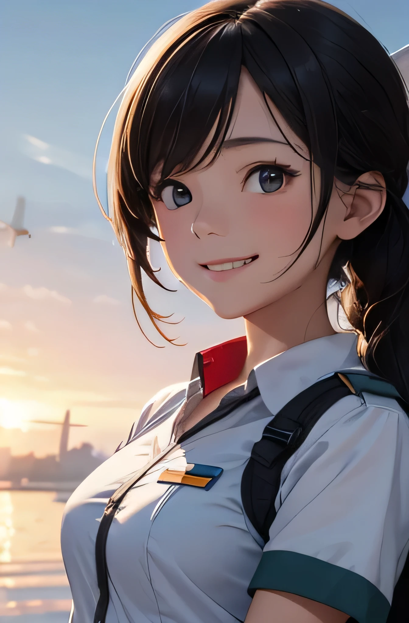 Girl in combat uniform,summer,Short sleeve,smile,Flying a plane,8K, Highest quality, masterpiece